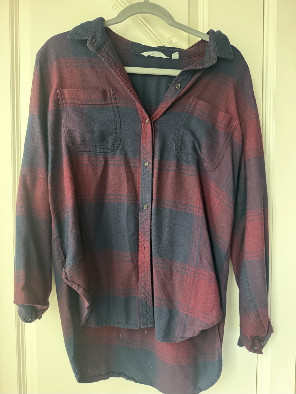 Athleta Women's Plaid Button-Down Shirt in Burgundy and Navy
